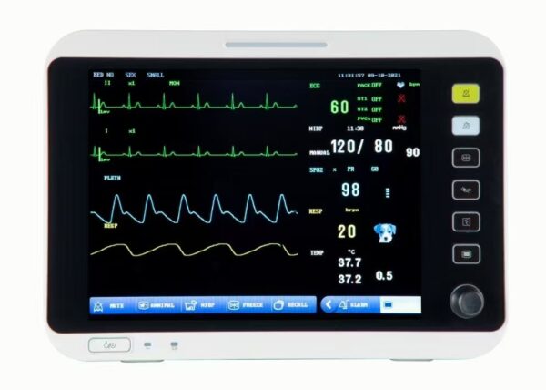 VM12 12.1-inch veterinary multi-parameter monitor, front view showing ECG, SpO2, NIBP, respiration and temperature readings