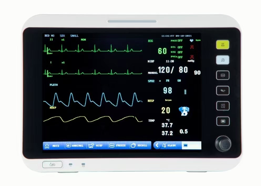 vm12-hero.jpg VM12 12.1-inch veterinary multi-parameter monitor, front view showing ECG, SpO2, NIBP, respiration and temperature readings