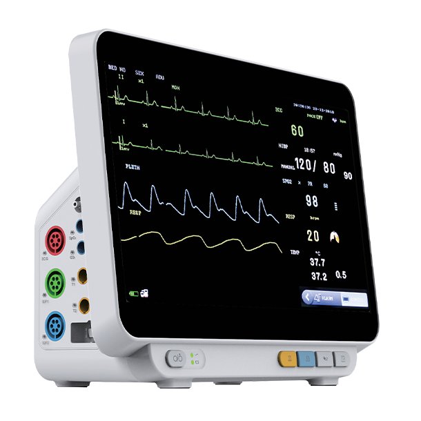 VM14Pro veterinary monitor, angled view showing color-coded side-panel connectors for ECG, SpO2, NIBP, temperature and CO2