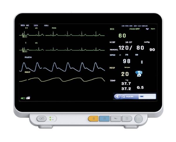 VM14Pro 14-inch veterinary multi-parameter monitor, front view with ECG, pleth and respiration waveforms and numeric panel