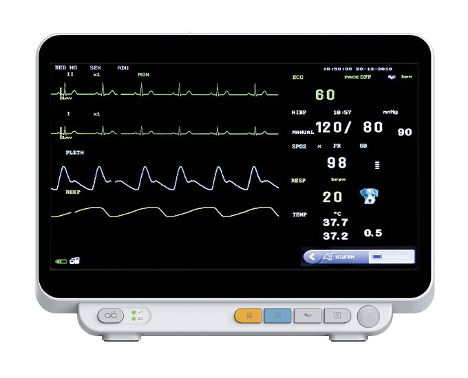 VM14Pro 14-inch veterinary multi-parameter monitor, front view with ECG, pleth and respiration waveforms and numeric panel