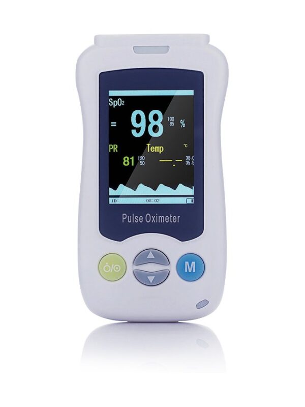 vm2-hero.jpg VM2 2.4-inch veterinary handheld pulse oximeter - front view showing SpO2, pulse rate, temperature and plethysmogram with three-key control