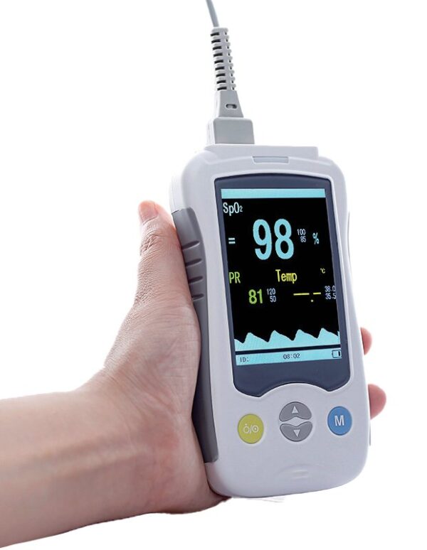 vm4-hero.jpg VM4 4-inch veterinary handheld pulse oximeter held in the hand, large display showing SpO2, pulse rate, temperature and plethysmogram