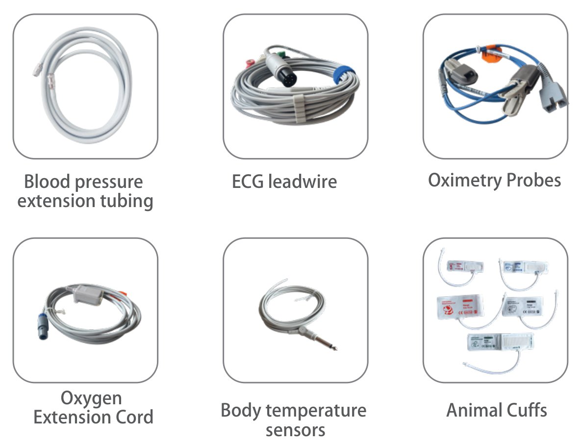 VM9 veterinary monitor accessories: NIBP extension tubing, ECG lead cable, SpO2 probes, SpO2 extension cable, temperature sensor and animal cuffs