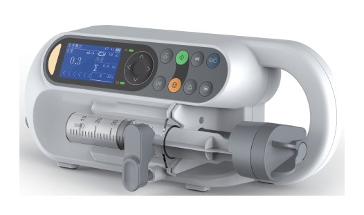 VSP1 veterinary syringe pump - angled view showing syringe cradle, clamp and plunger driver assembly